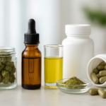 Variety of cannabis products including buds, oils, and capsules on a clean surface