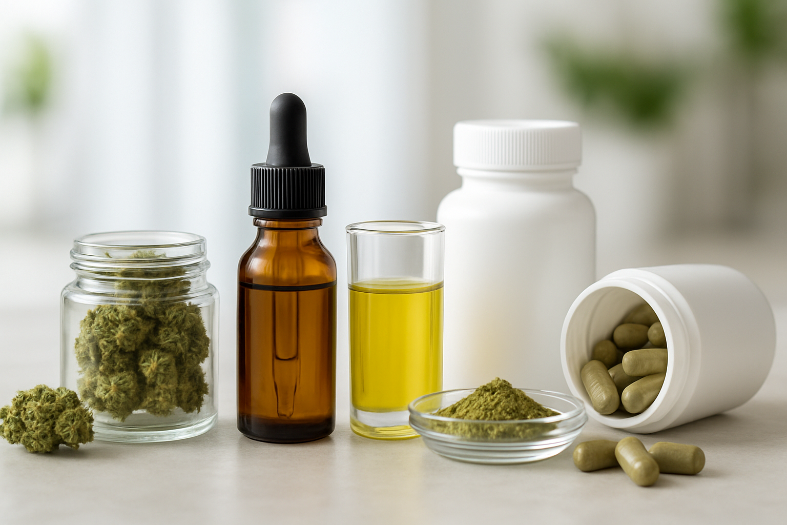 Variety of cannabis products including buds, oils, and capsules on a clean surface