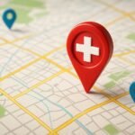 A close-up of a map with a prominent red location pin featuring a medical cross symbol, indicating healthcare locations.