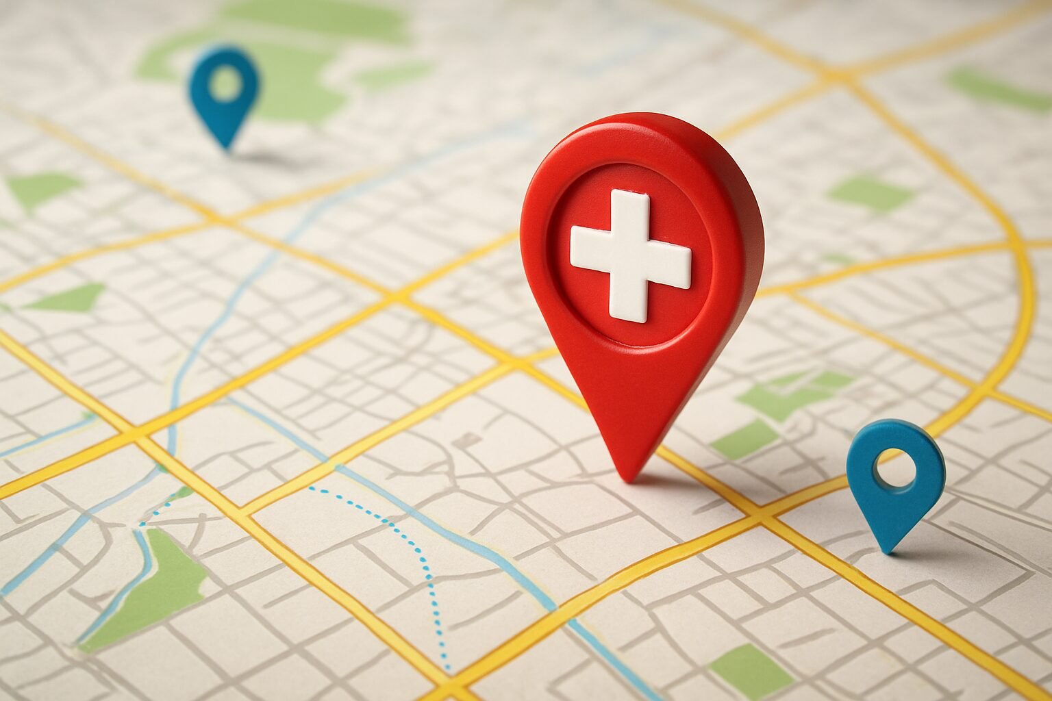 A close-up of a map with a prominent red location pin featuring a medical cross symbol, indicating healthcare locations.